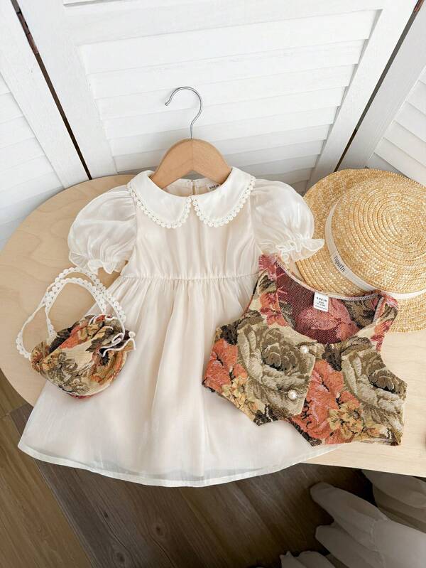 SHEIN Đầm tay ngắn bằng vải lưới màu trắng thanh lịch và dễ thương cho bé gái, thêu hoa.