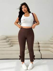 Plus Size Women Casual Commuter Minimalist Solid Color High Waist Bow Decor Slit Hem Skinny Ankle Pants - Chocolate Brown - View 6