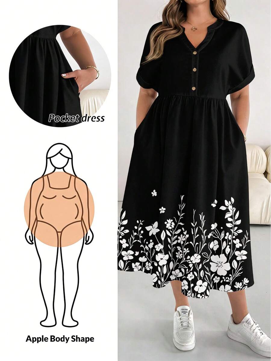 SHEIN Essnce Plus Size Floral Print Notched Neck Vacation Dress - Multicolor - View 1