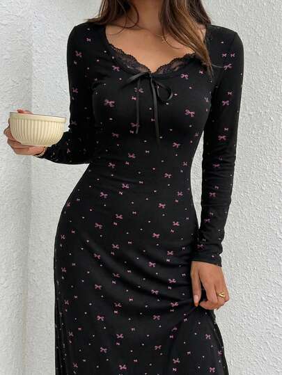 DAZY Women's Long Nightgown With Bow Pattern, Colorblock Lace Patchwork, Waist Cinched, Autumn/Winter