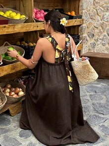 Weeklong 大码女式春夏柠檬印花撞色露背休闲连衣裙 - 棕色 - 查看 5