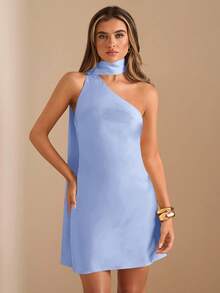 Vestido mini de satén elegante con hombros asimétricos y espalda descubierta en unicolor amarillo crema, vestido mini elegante con estampado, vestido mini sexy con espalda descubierta, vestido mini de satén amarillo con espalda descubierta, vestido de satén elegante con espalda descubierta para invitada de boda, vestido largo de dama de honor de satén, vestido mini elegante para cóctel - Celeste - Ver 7