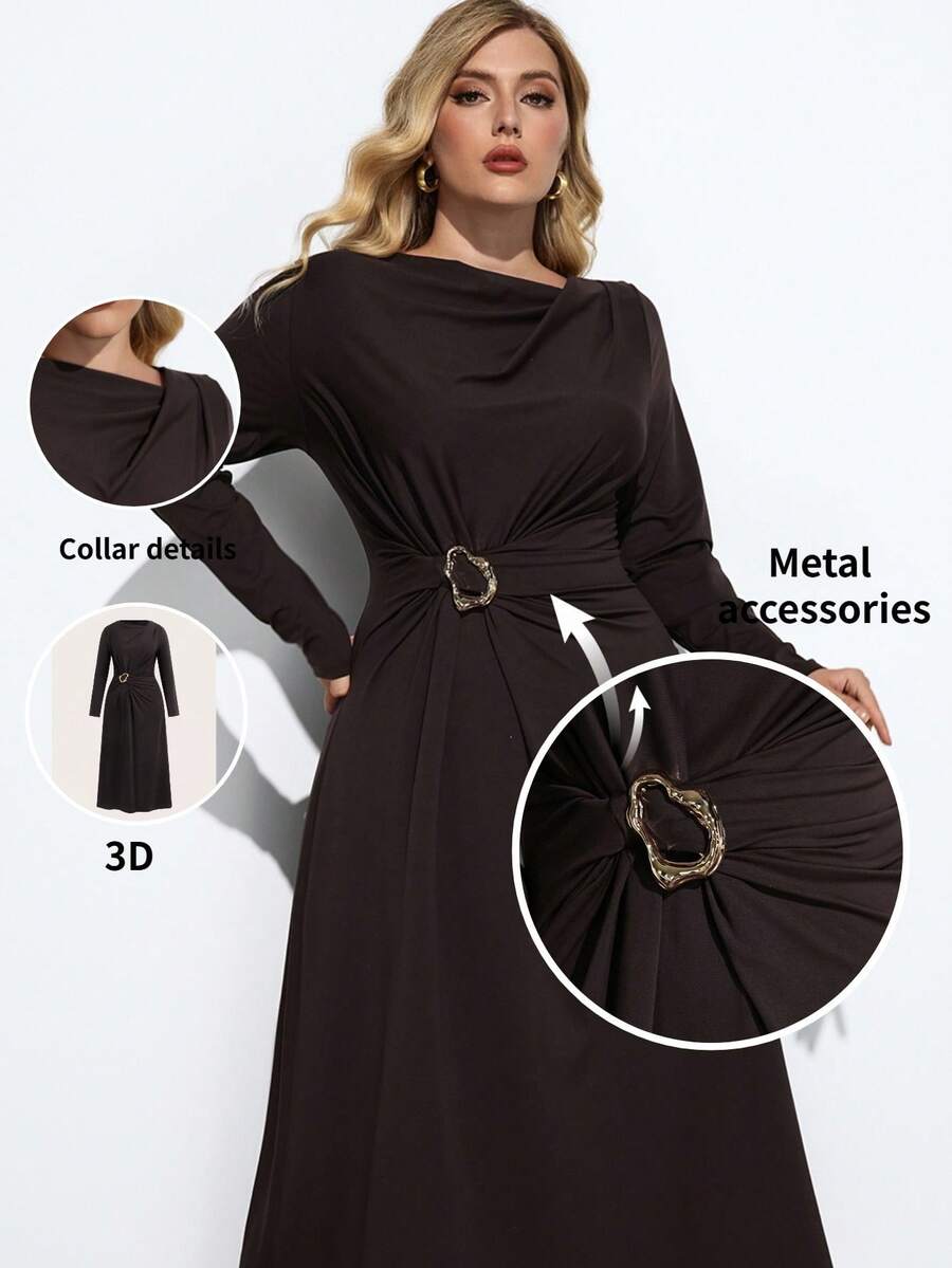 Maija 大码不规则长袖连衣裙，金属配饰，时尚度假舒适上衣，适合音乐节、海滩度假、休闲、浪漫、都市度假、外出、派对、婚礼、出席活动、复古风、毕业季、商务休闲、办公室穿着、低调复古优雅、都市通勤、杂志编辑同款、都市社交度假派对装扮，魅力十足 - 咖啡棕 - 查看 1