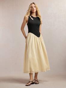 BizChic Colorblock Patchwork Round Neck Hollow Out Sleeveless Dress, Vintage French Elegant Business Formal Luxury Commute Dating Daily Halloween Back To School Party Birthday Wedding Guest Church Special Occasion Versatile Summer Autumn Vacation Office Outing Beach Gathering Social Holiday Shopping Afternoon Tea Travel - Multicolor - View 4