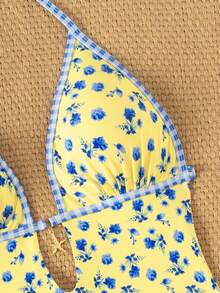 Swim Mod Women's New Ditsy Floral Backless One-Piece Swimsuit, Fashionable And Sexy For Beach Vacation, Spring/Summer - Yellow - View 6