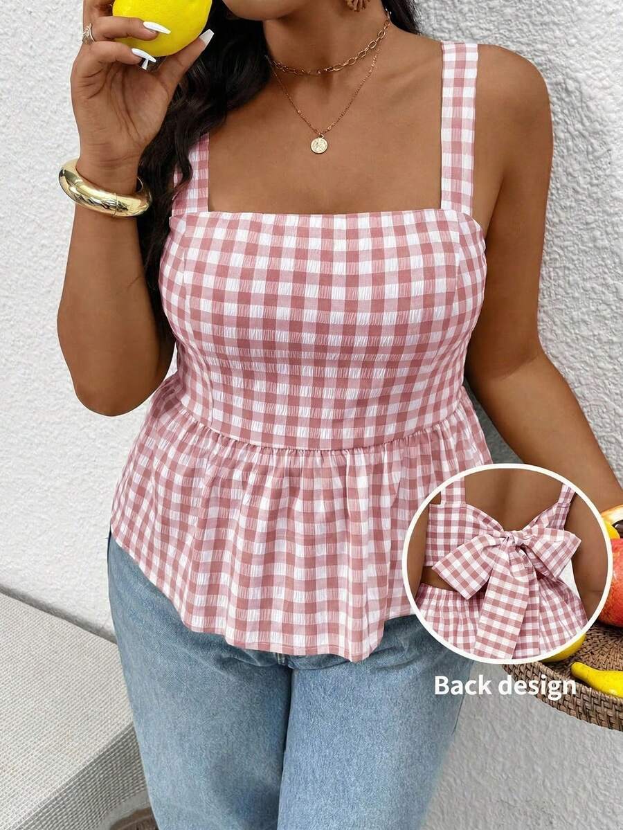 SHEIN Frenchy 大码女式绿色格子吊带背心,后背系带,时尚通勤休闲吊带背心,适合日常穿着 - 淺粉色 - 查看 1