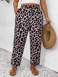 SHEIN Frenchy Calças casuais plus size com estampa de leopardo, calças de verão, calças para férias, moda praia feminina, estilo boho/boêmio, roupas femininas de verão, casual, moda para o dia a dia - Baby Rosa - Ver 2