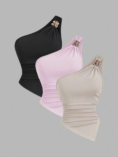 Sweetra 女士纯色简约不对称领金属扣衬衫