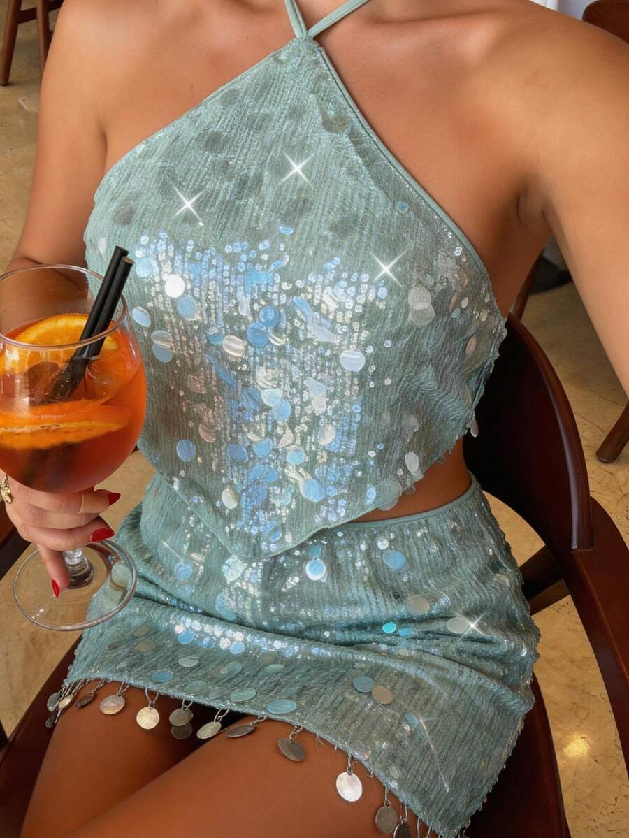 Firerie Conjunto de dos piezas de top corto halter con lentejuelas y espalda descubierta, y minifalda con flecos de cintura baja, elegante y sexy, adecuado para vacaciones de verano, fiestas, festivales de música, citas - Blanco - Ver 1