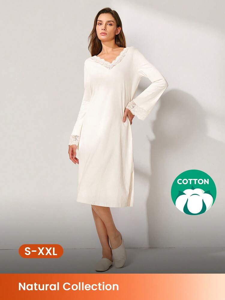 Camisón largo de algodón 100% puro con cuello en V, adorno de encaje y mangas largas, vestido de lencería y pijama de algodón suave de color azul oscuro para mujeres