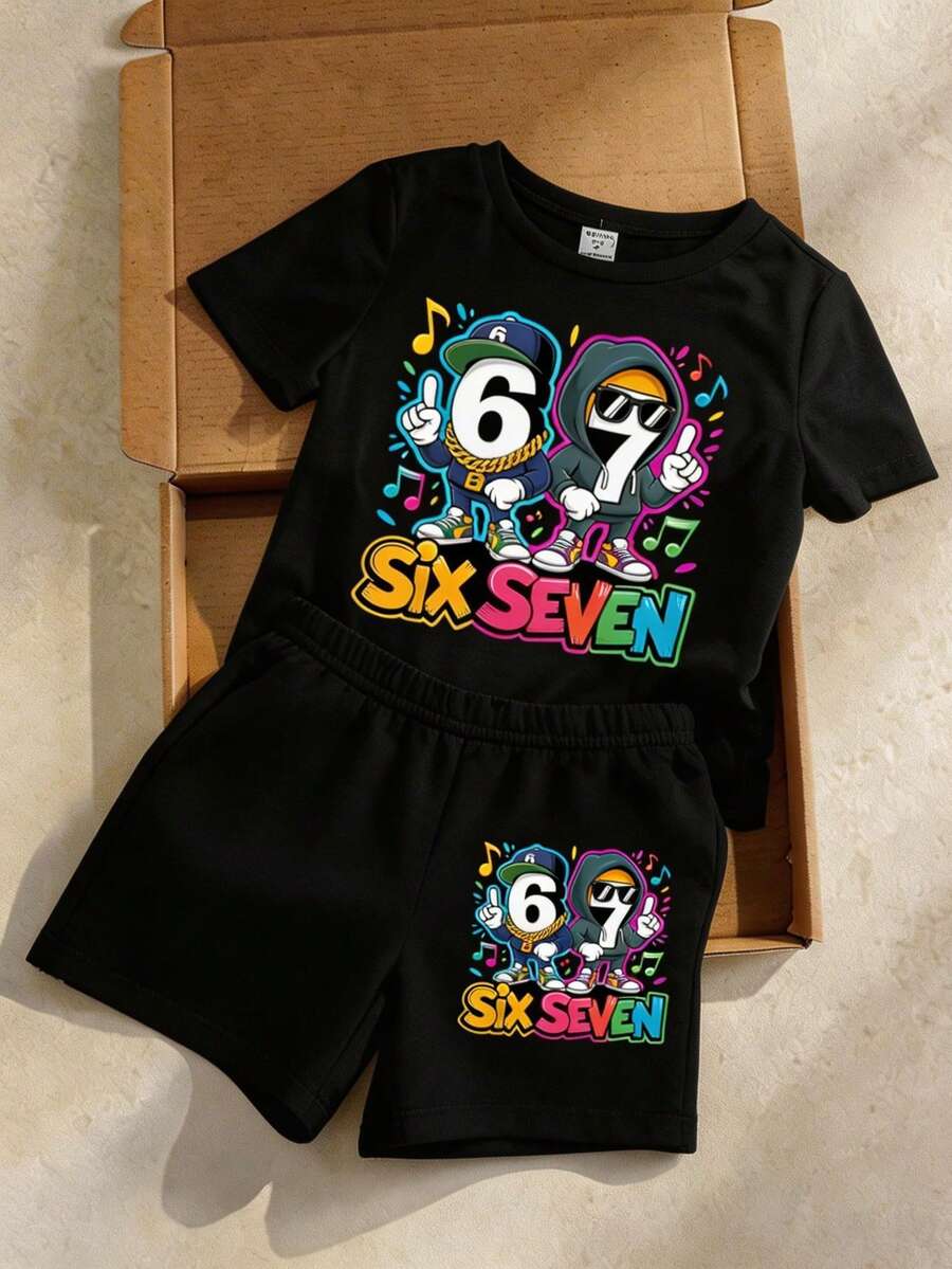 SHEIN 2件組小男孩夏季生日休閒數字67、音樂符號、字母圖案印花短袖T恤與短褲,舒適日常穿搭 - 黑色 - 查看 1