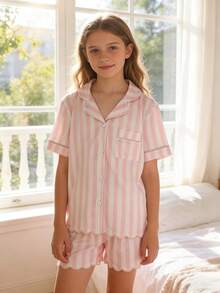 Girls' Pink & White Striped Short Sleeve Shorts Pajama Set,Cute Summer Pink Checkered Home Wear Nighties,Open Front Ruffled Hem Loungewear - Multicolor - View 5