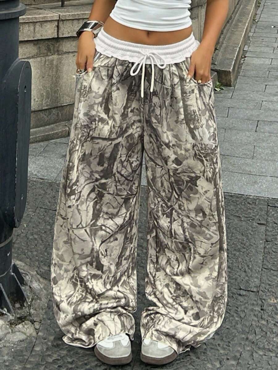SHEIN Coolane Women's Summer Streetwear Going Out Casual Sport Basic Essentials French Tree Branch Pattern Grey Elastic Waistband Wide Leg Sweatpants Pants Camo Pattern Pants Hip-Hop Dance Jogger Pants - Multicolor - View 1