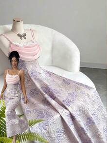 SHEIN Clasi Woven Fabric Cami Neck Zipper Detail Spaghetti Strap Knee Length Dress With Plant Pattern Print For Nights Out - Purple - View 1