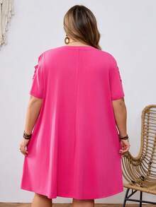 SHEIN CURVE+ Curve Size US22Music Festival, Seaside Vacation, Bohemia Round Neck Short Sleeve A-Line Distressed Basic Loose Knit T-Shirt Dress T Shirt Dress Women Dress Pink Dress - Hot Pink - View 2