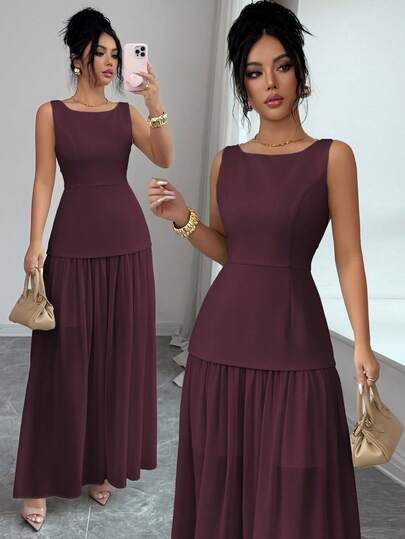 SHEIN Elenzya Women's Chiffon Patchwork Dress With Lining, V-Neck, Waist Cinched A-Line Skirt, Elegant French Romantic Vintage Style, Suitable For Commute, Business, Beach, Casual, Simple Versatile, Wedding, Valentine's Day, Spring/Summer Good Quality Dresses Women Dress Best Selling Dresses Women Dresses Elegant Classic Women Dress Formal Wear