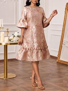 SHEIN Lady Vestido de fiesta elegante de mujer con dobladillo de volantes y estampado jacquard de longitud media - Rosa vieja - Ver 3