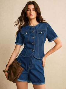 Poéselle Bộ áo và quần short denim nữ kiểu dáng thường ngày, thích hợp cho mùa hè. - Rửa trung bình - Xem 6