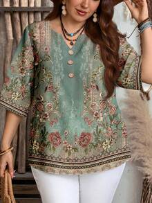 EMERY ROSE Women's Casual Minimalist Green Paisley Floral Placement Print 3/4 Sleeve Shirt, Suitable For Spring And Summer - Multicolor - View 6
