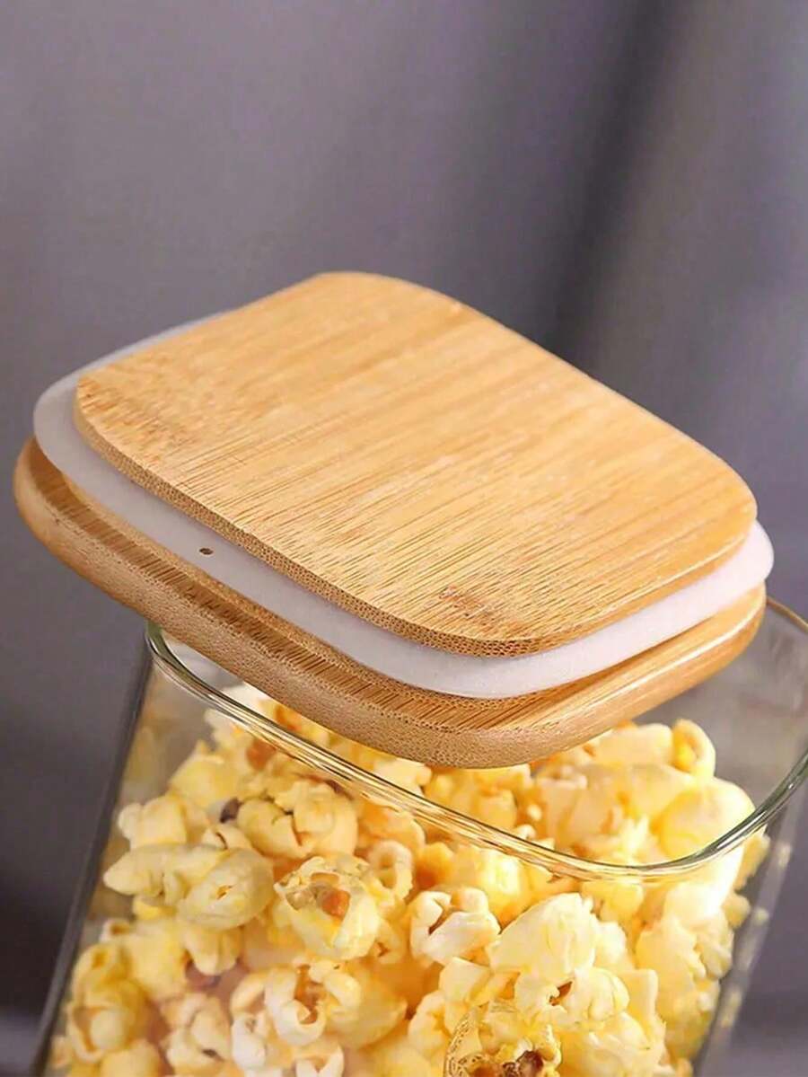 1 Simple Square Transparent Jar With A Bamboo Lid, A Sealed Food Jar, Beautiful And Lightweight, Stackable For Storage, Suitable For Kitchen Decoration And Food Storage Room Organization - Transparent - View 1