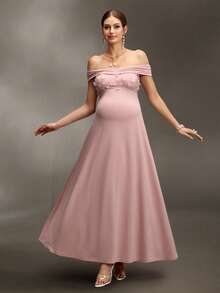 Cheriluna Maternity 优雅褶裥单肩刺绣孕妇连衣裙，长款 - 粉色 - 查看 5