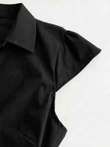 SHEIN 新款蓝色V领褶皱短袖女式衬衫，夏季款 - 黑色 - 查看 6