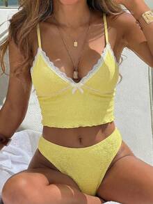 SHEIN Swim 春夏阳光沙滩泳装两件套，甜美可爱碎花褶皱蝴蝶结蕾丝边装饰女士吊带比基尼 - 黃色 - 查看 3
