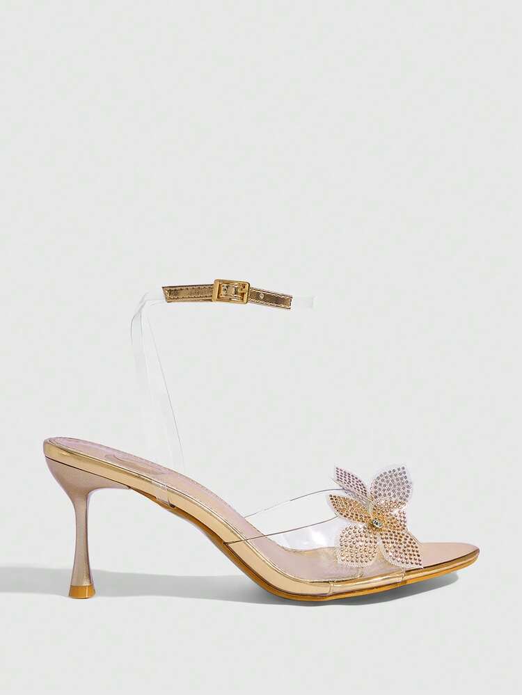 CUCCOO SZL Women Shoes Summer Pointed Stiletto Champagne Ankle With Rhinestone Standing Flowers Stylish Sexy Banquet Party Nightclub Women High Heels Open-Toed Sandals
