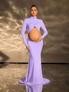 Cheriluna Maternity 纯色孕妇连衣裙，腰部镂空设计，长袖 - 紫色 - 查看 6