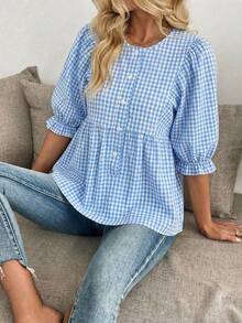 SHEIN LUNE Áo thun nữ mùa hè màu xanh trắng kẻ caro nhăn, cổ tròn, tay ngắn, dáng rộng, phong cách thường ngày, thích hợp cho du lịch, nghỉ dưỡng, đường phố. Thiết kế độc đáo, thời trang mới, áo thun nữ casual đa năng. - Xanh và trắng - Xem 5