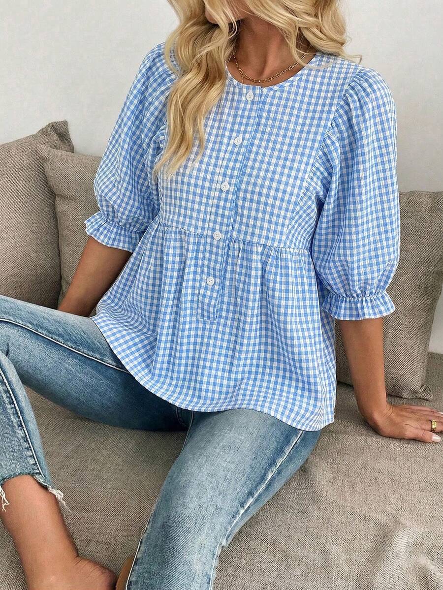 SHEIN LUNE 女士夏季蓝白褶皱纹理格子圆领短袖宽松休闲旅行度假街头风衬衫，夏季新款时尚必备小众设计百搭女士休闲上衣 - 藍白色 - 查看 1