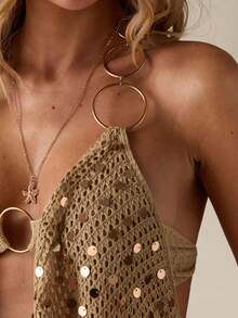 SHEIN BAE Áo hai dây kiểu yếm phối cùng đầm dự tiệc ôm sát hở lưng cổ chữ V sâu gợi cảm đính sequin, bộ 2 món. - Màu Khaki - Xem 8