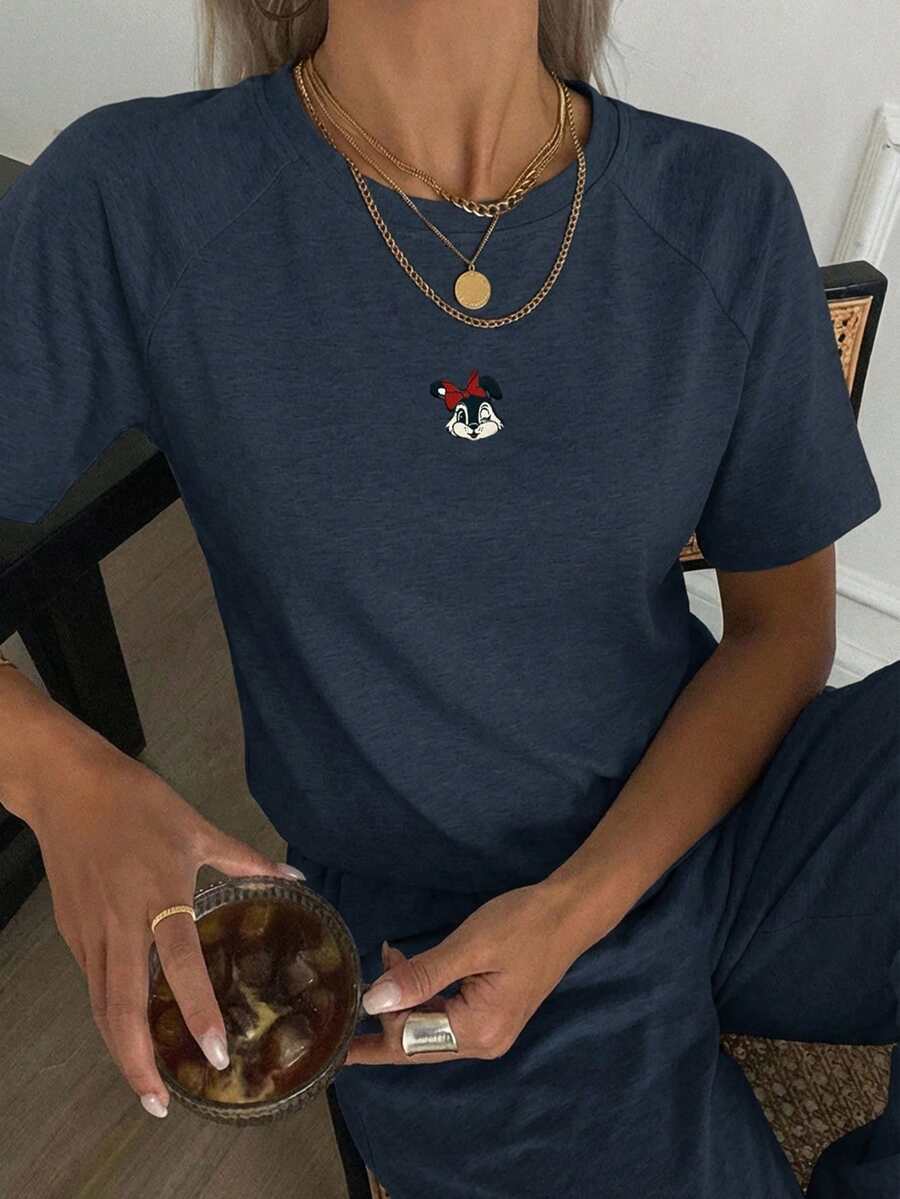 DAZY Cute Cartoon Print Loose Raglan Sleeve Loungewear Set Pajama - Navy Blue - View 1