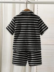 SHEIN 2pcs Young BoyTextured Stripe Knit Shirt And Shorts Set Short Sets For Boys - Multicolor - View 2
