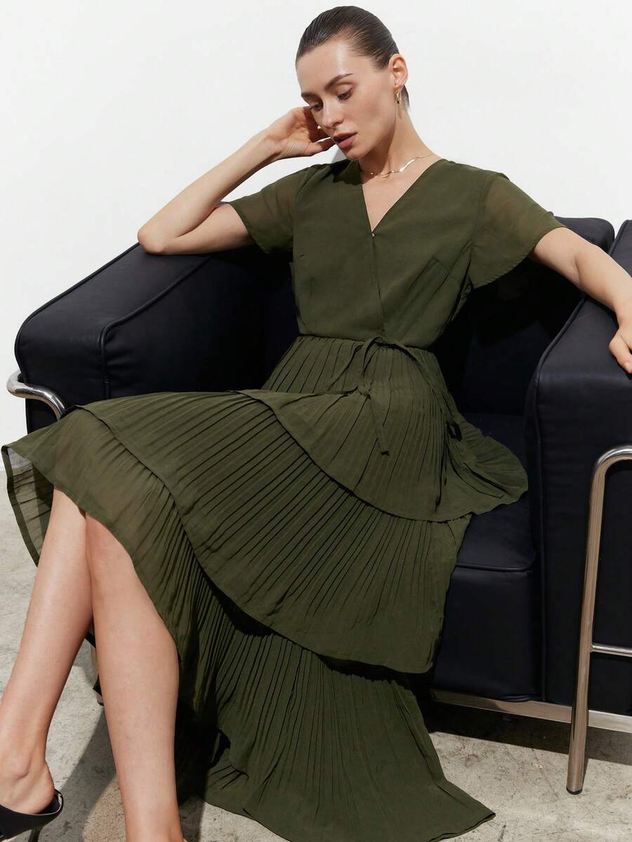 Aveloria Modichic Women's Summer Elegant Olive Green Chiffon Pleated A-Line Dress,V-Neck Wrap Tie Waist Multi-Layer Ruffle Hem Mid-Length Tea Party Wedding Guest Dress - Olive Green - View 1