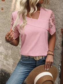 EMERY ROSE Solid Color Regular Shoulder Short Sleeve Lace Hollow Asymmetrical Shoulder Design Blouse Tea Party Soft Pink Summer Elegant - Baby Pink - View 4