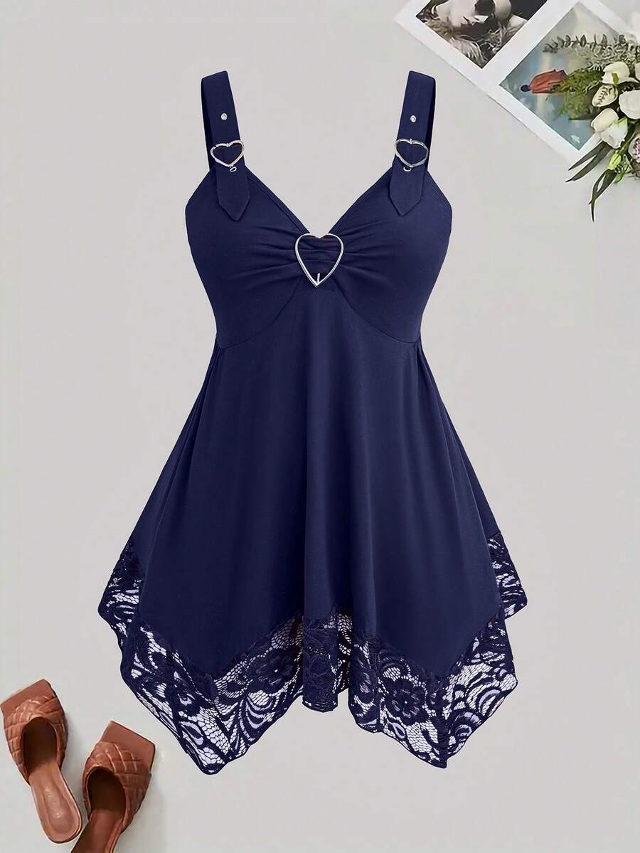 Sweetra Plus Size Women's Casual Sexy Contrast Lace Camisole Top With Heart Buckle, Spring/Summer - Navy Blue - View 1