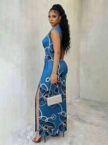 Eryvara Women's Elegant Off-Shoulder Cinched Waist Slit Digital Print Dress, European And American Style - Blue - View 2