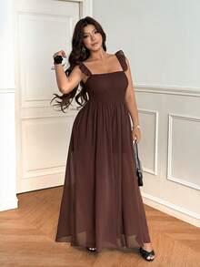 Vionelle Plus Size Women's Solid Color Sexy Off-Shoulder Wide Leg Jumpsuit - Brown - View 4