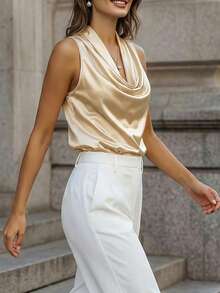 Franclia Women's Elegant Sexy Sleeveless Satin Cowl Neck Top,White Summer Silky Blouse,Luxurious Loose Office Golf Shirt For Evening Parties Formal Occasions - Apricot - View 5