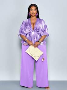 SOLERSUN 大码女装春夏扎染撞色随机图案深V领短袖泡泡袖宽松休闲褶皱上衣搭配阔腿裤两件套。适合购物、约会、圣帕特里克节、复活节、音乐节、四叶草节、街头风、海滩度假、野餐、约会以及日常通勤。时尚百搭，融合了西部风情和波西米亚风，优雅、现代、飘逸。 - 紫色 - 查看 3