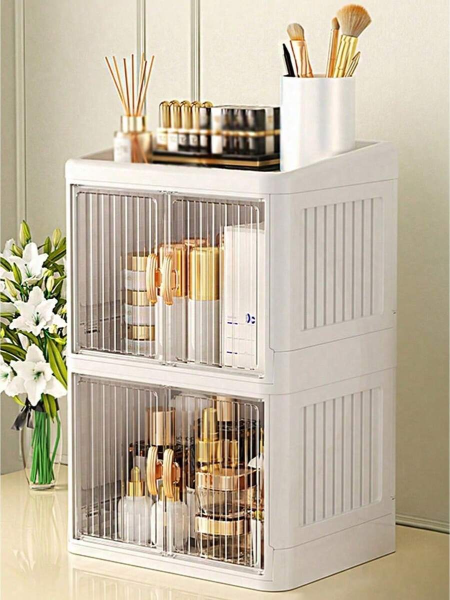 1 PC Large Capacity Large Size Plastic Foldable Dual Door Waterproof Dustproof Multifunctional Desktop Cosmetics Storage Box Organizer Pink Vanity Makeup Brush Holder Perfume Organizer Jewelry Display Case Nail Tool Container For Women Girls Christmas Gift Bedroom Bathroom Living Room Desk Decor - Multicolor - View 1