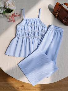 SHEIN Sparklyn Girls Striped Camisole Top And Straight Leg Pants Summer Vacation Outfit - Blue - View 3