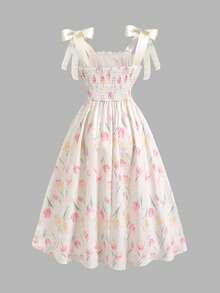 SHEIN Đầm maxi in hoa mùa hè cho bé gái tuổi teen - Màu be - Xem 8