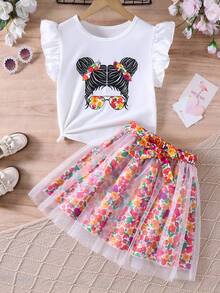 少女卡通印花T恤和碎花网纱裙两件套 - 彩色 - 查看 1