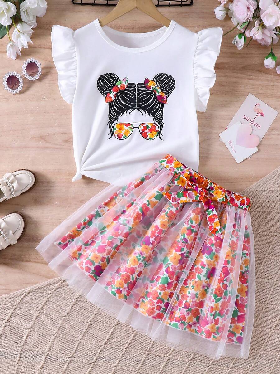 少女卡通印花T恤和碎花网纱裙两件套 - 彩色 - 查看 1