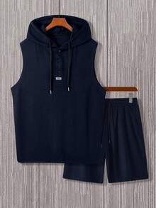 Manfinity Homme Men's Hooded Vest And Slant Pocket Shorts Casual Suit - Navy Blue - View 3