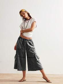 Bohemela Casual Solid Color Knit Loose Capri Pants - Black - View 2