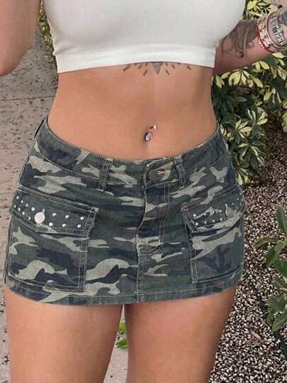 StreetHx Fashionable Casual Street Style Patch Pocket Rivet Camouflage Low-Waist Denim Mini Skirt