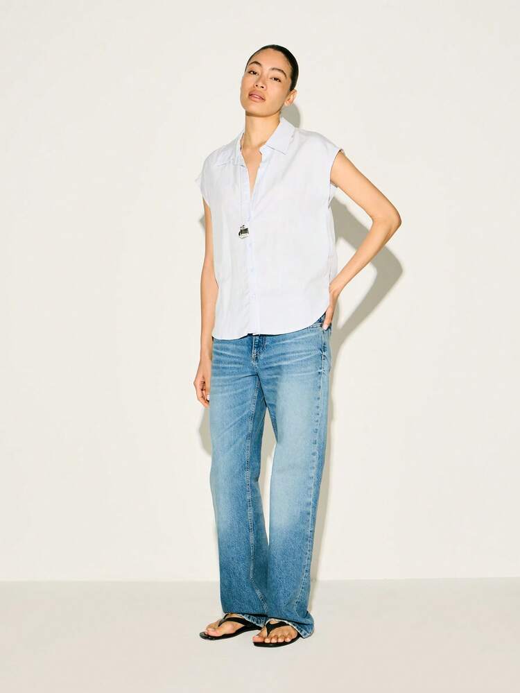 KSTM Women's Light Blue Cap Sleeve Button Down Collared Shirt With Relaxed Fit For Spring Summer Work Casual Wear